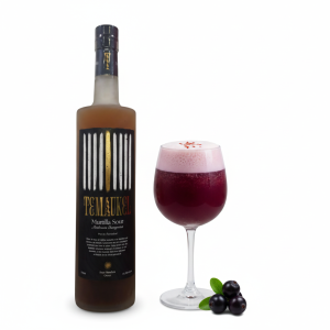 Copa servida de Pisco Sour de Murtilla con espuma y color rosado natural