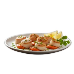 Ostiones con coral sellados a la mantequilla dorados con guarnición de ensalada